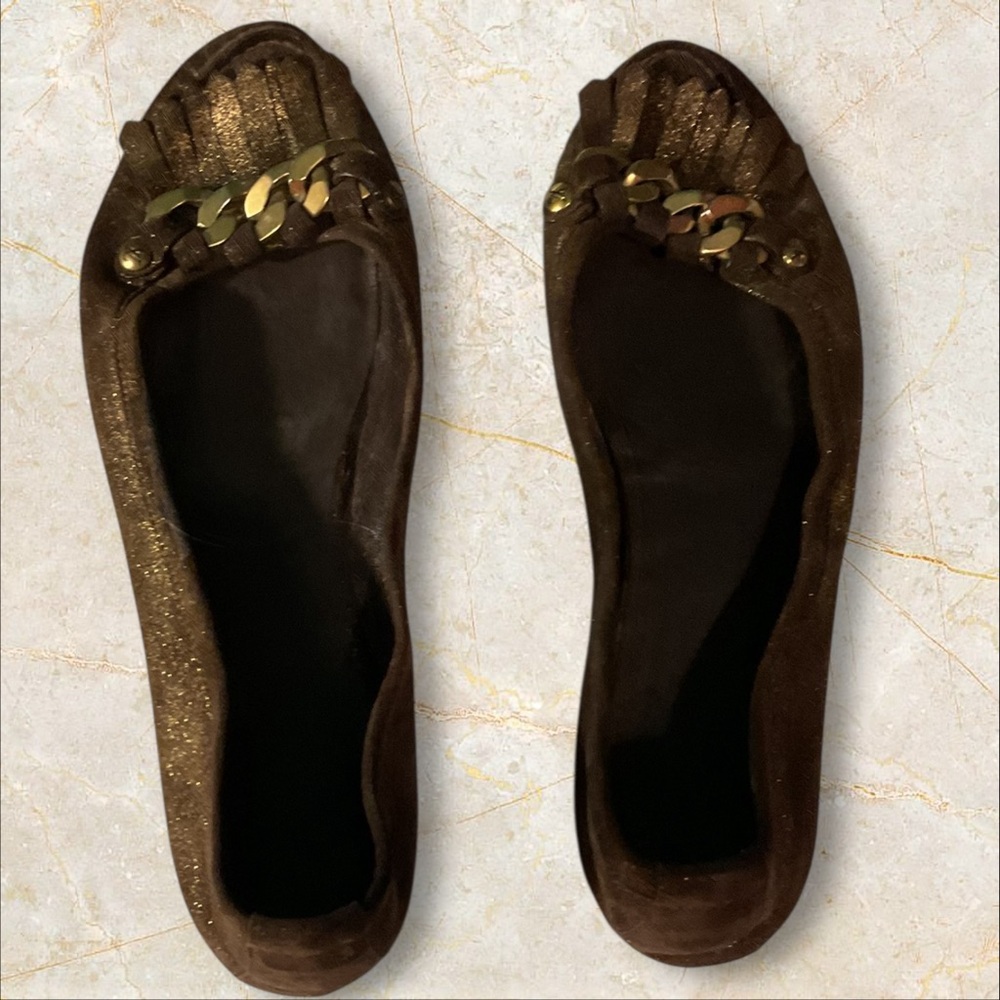 Louis Vuitton preowned Brown Fringe Almond-Toe Ballet Flats with Chain Accent - Picture 4 of 11